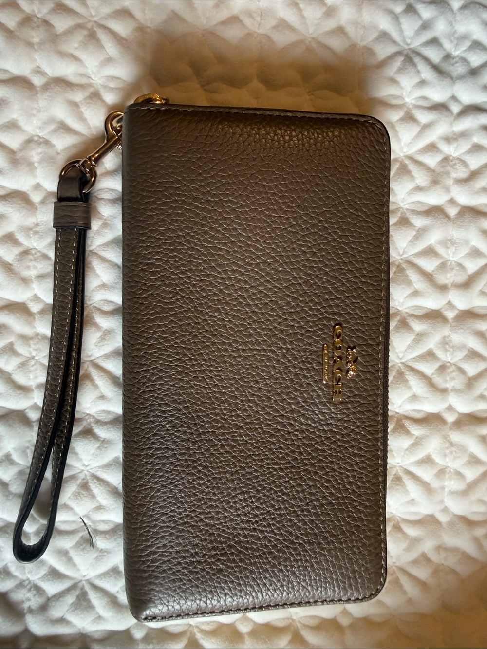 Coach Pebbled Leather Zip Wristlet in Dark Stone with Gold Hardware